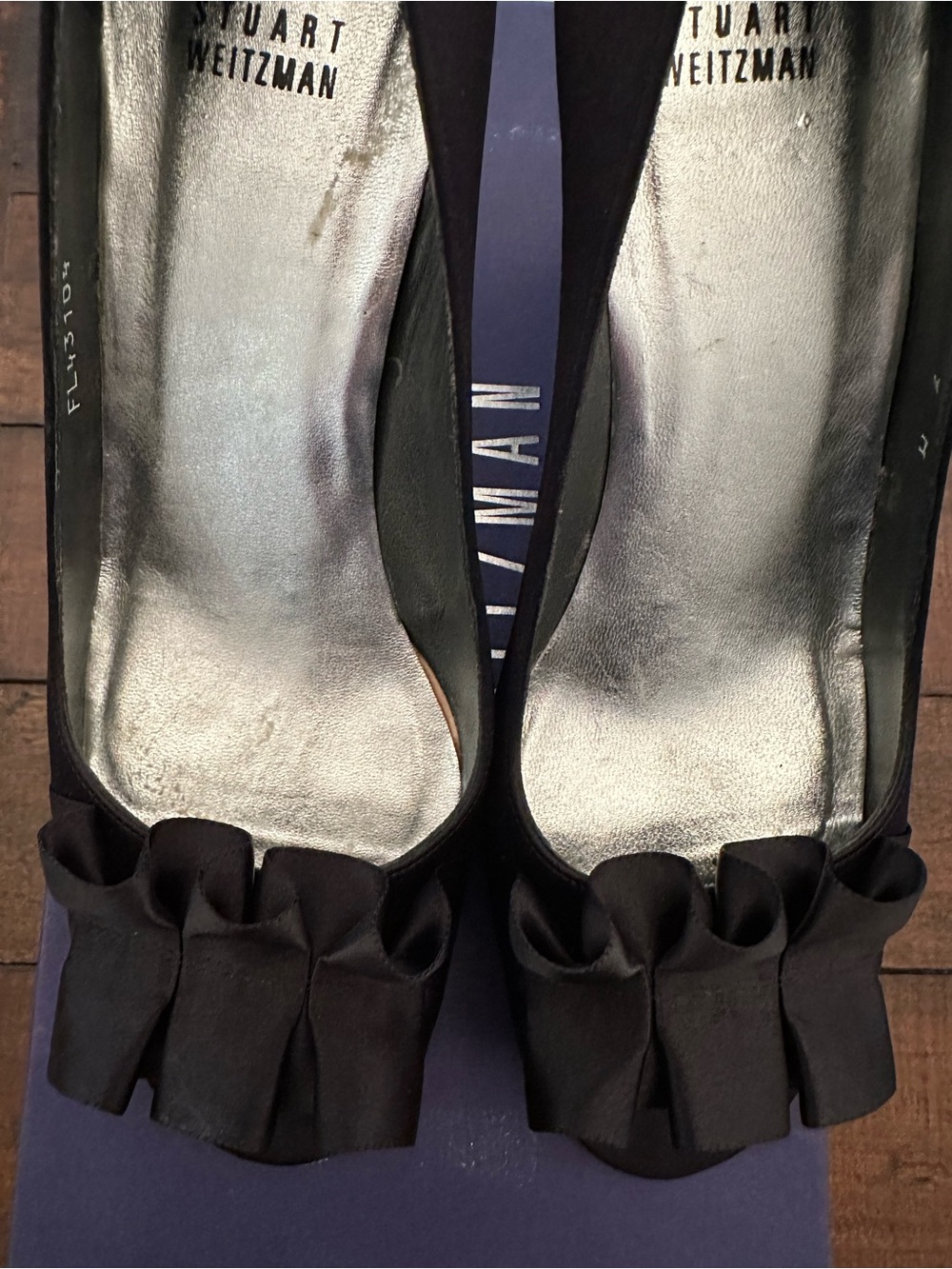 Stuart Weitzman Black Ruffle Open-Toe Satin Heels